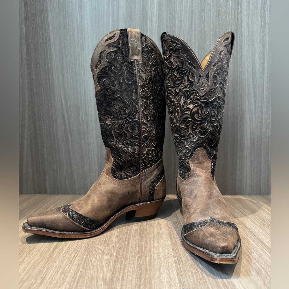 Intricate Black and Brown Boulet Cowboy Boots